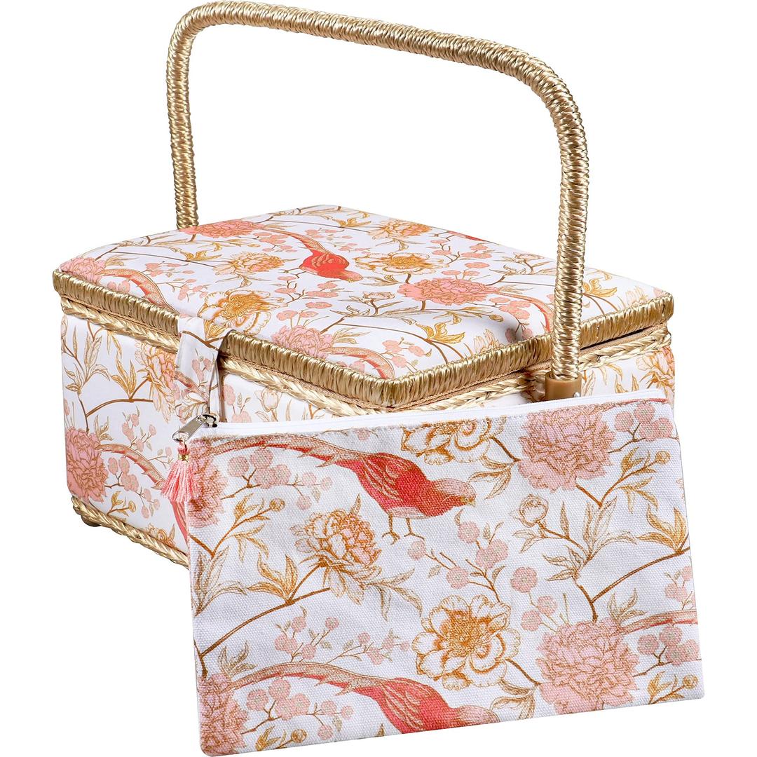 SINGER Large Sewing Basket Floral Bird Print with Matching Zipper Pouch