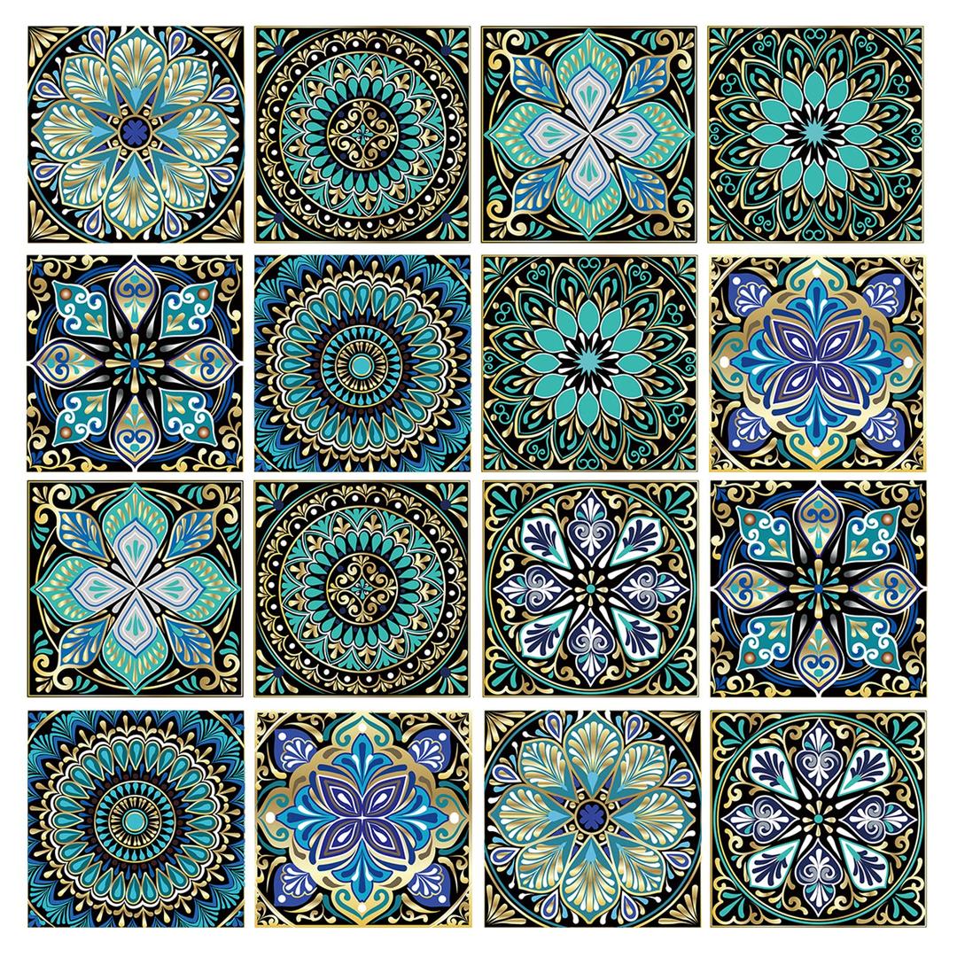 Kakofaci 16 Pcs 6x6 Inch Mandala Decorative Tile Stickers, Peel and Stick Adhesive Tile Stickers, Home Decor, Furniture Decor, Staircase, Backsplash Tile Stickers