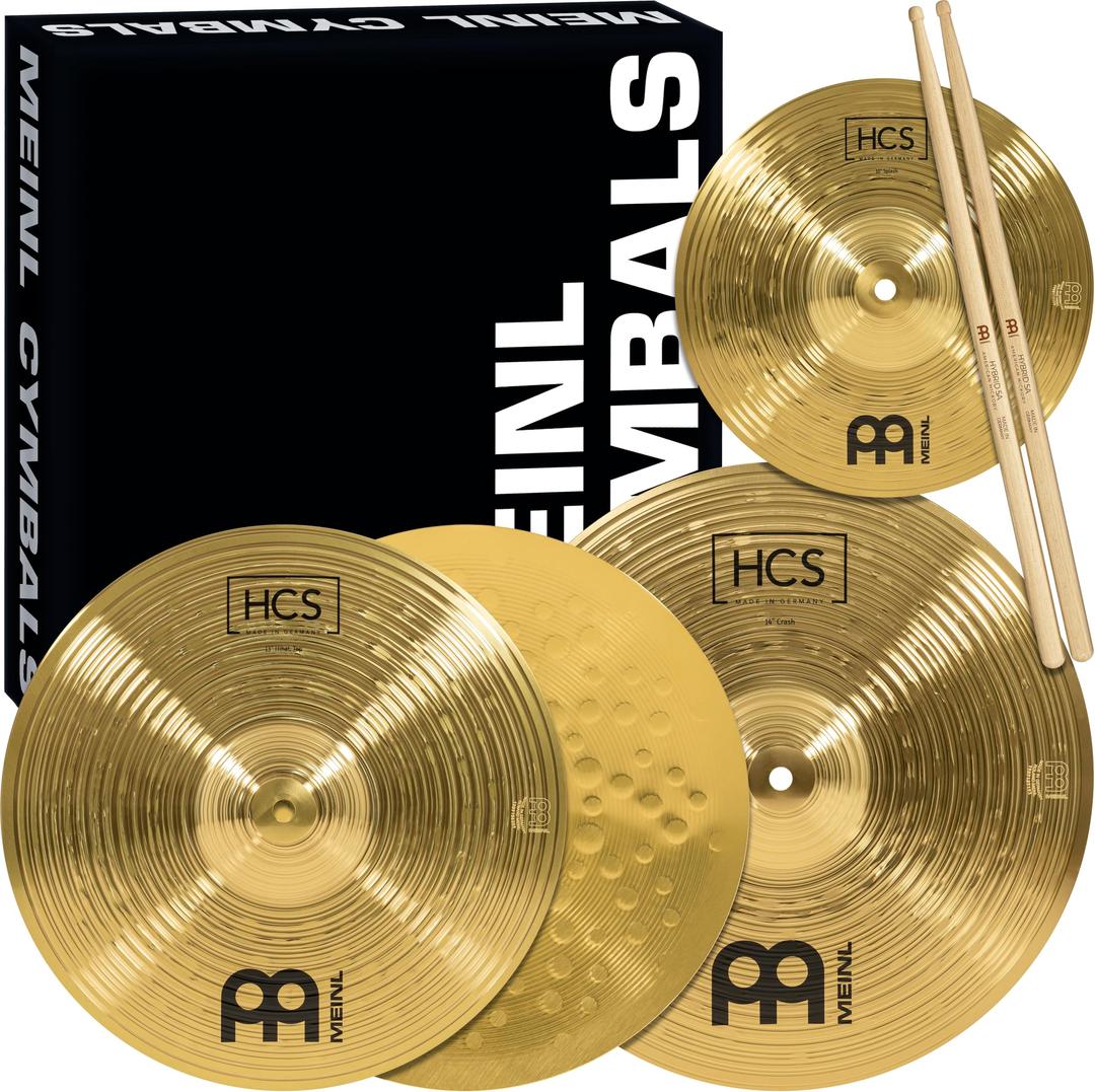 Meinl Cymbals HCS Cymbal Set Box Pack for Drums Hihats, Crash, Plus Free Splash, Sticks, Lessons — Made in Germany — Durable Brass, 2-Year Warranty, Traditional Finish, 13"/14"/10" (HCS1314