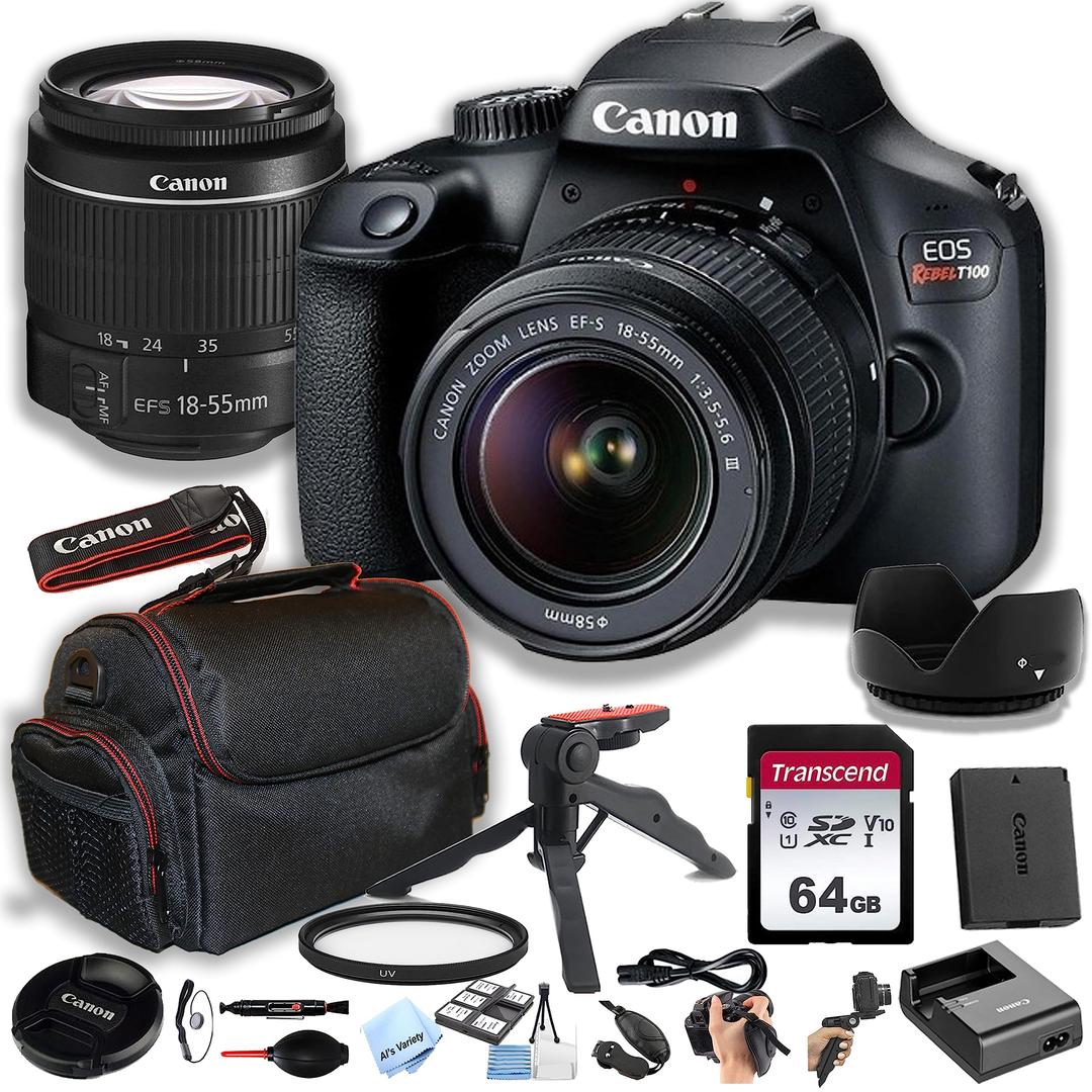 Canon EOS Rebel T100 (EOS 4000D) DSLR Camera w/EF-S 18-55mm F/3.5-5.6 Zoom Lens + 64GB Memory Card, Case, Hood, Grip-Pod, Filter Professional Photo Bundle (Renewed)