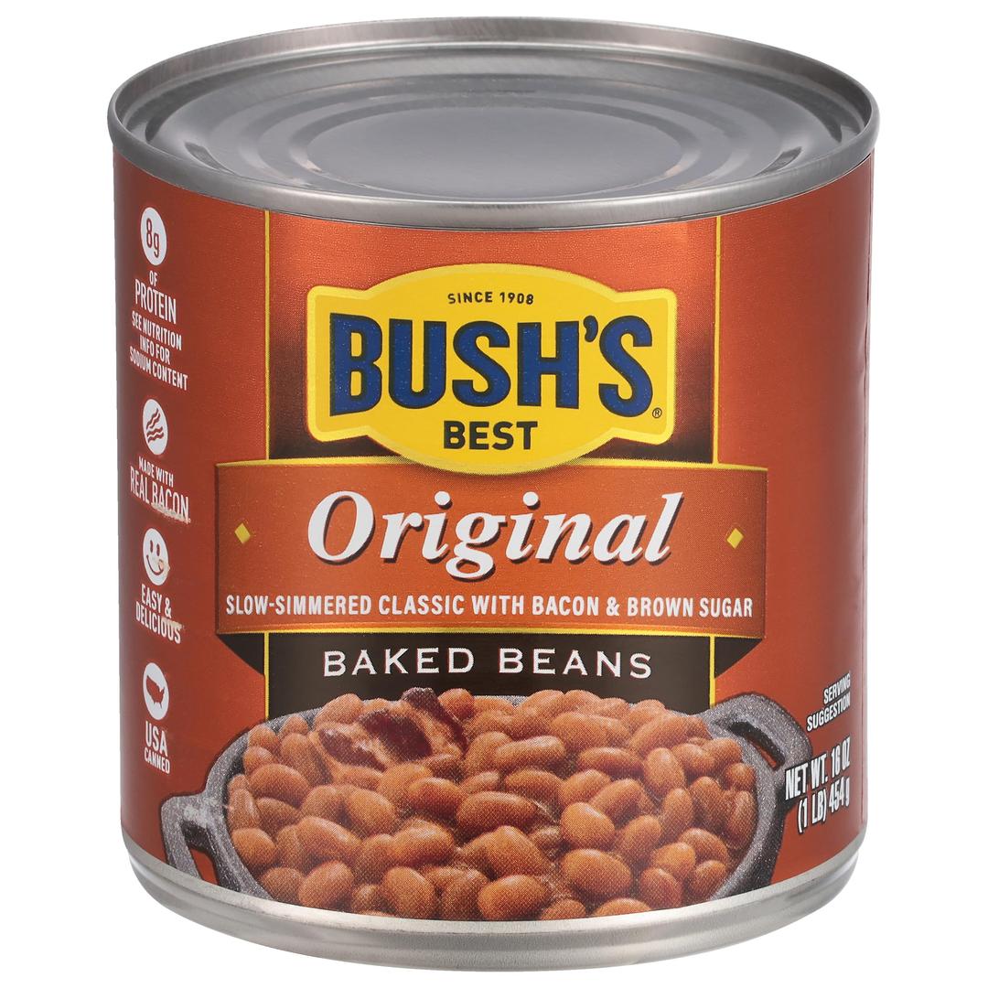 BUSH'S BEST 16 oz Canned Original Baked Beans, Source of Plant Based Protein and Fiber, Low Fat, Gluten Free, (Pack of 12)