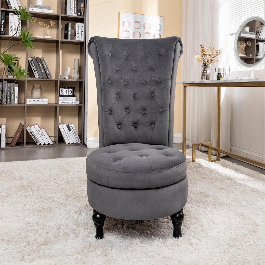 Container Furniture Direct Royal High-Back Velvet Accent Chair for Vanity with Storage and Luxurious Upholstery, Retro Design and Versatile Usage for Living Room, Bedroom, Lounge and Office, Grey