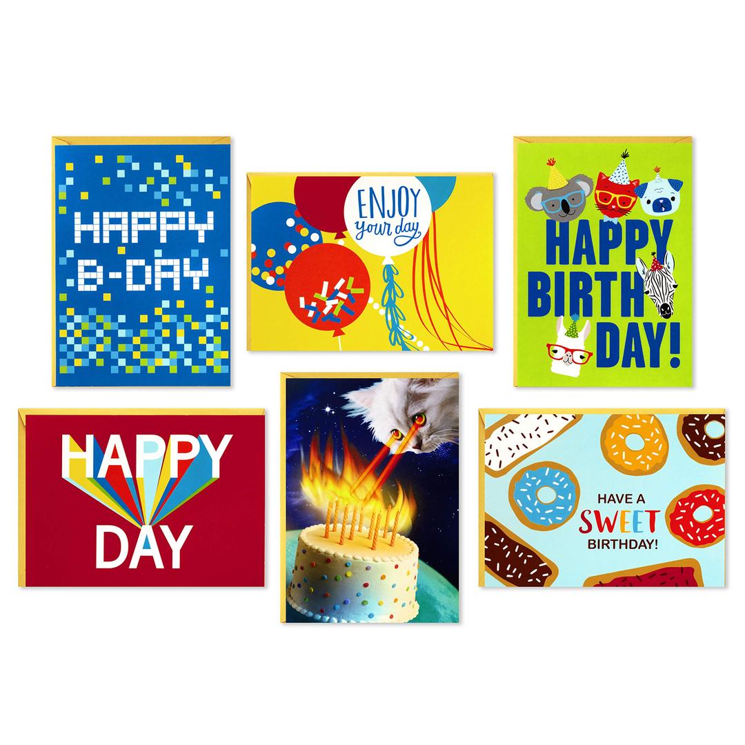 HallmarkBirthday Cards Assortment, 36 Cards with Envelopes (Cats, Lasers, Llamas, Donuts)