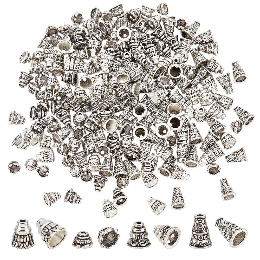 PH PandaHall 200pcs Pagoda Bead Caps, 4 Style 7.5~10mm Bead Cones Tibetan Style Bead End Spacers Alloy Bead Stopper Terminators for DIY Earring Bracelet Pendant Jewelry Making, Antique Silver