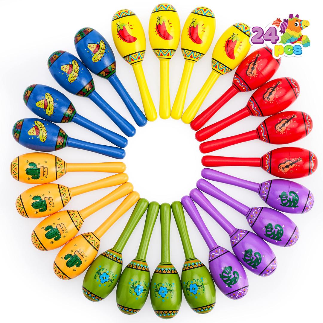 JOYIN 24 Mini Wooden Fiesta Maracas 6 Designs Noisemaker for Mexican Fiesta, Cinco De Mayo Party Favors, Musical Fun, Birthday Parties, Luau Party, Carnivals, Taco Tuesday Event