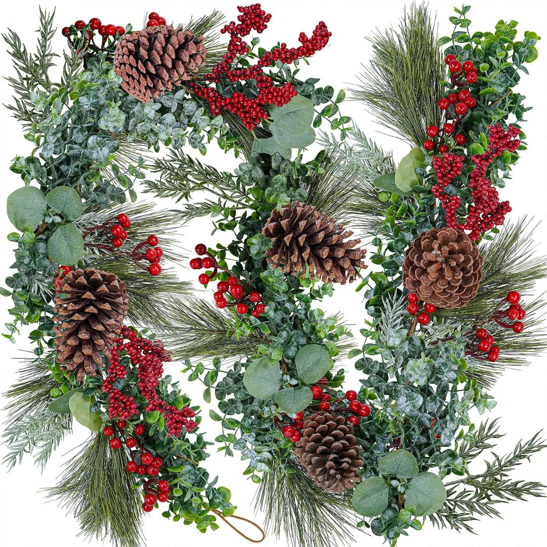 Winlyn 6' Long Artificial Eucalyptus and Pine Christmas Garland with Pine Cones Red Berries Pine Needles Winter Greenery Garland Christmas Season Holiday Wedding Table Runner Centerpiece Mantel Decor