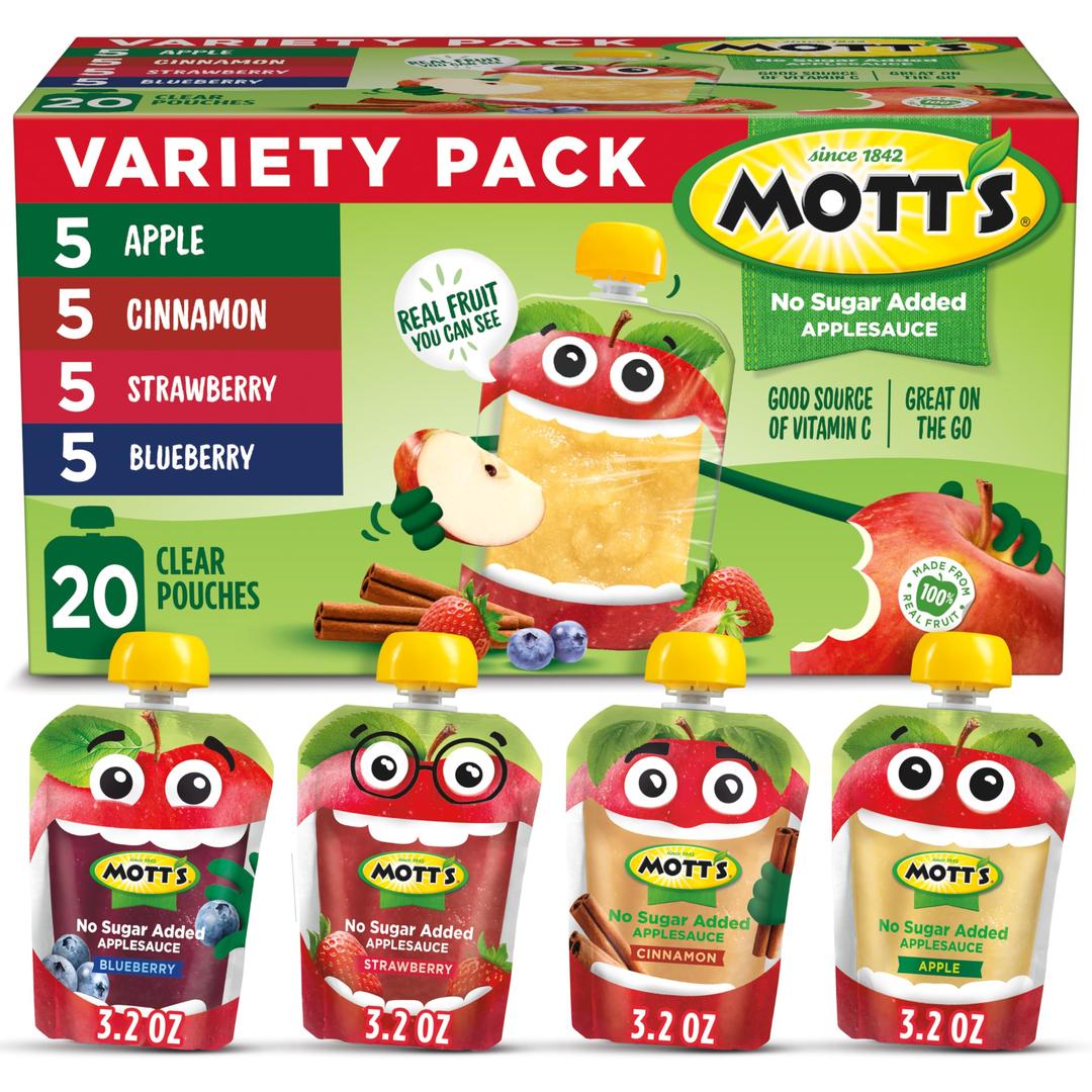 Mott’s No Sugar Added Applesauce Variety Pack, 3.2 oz Clear Pouches, 20 Pack