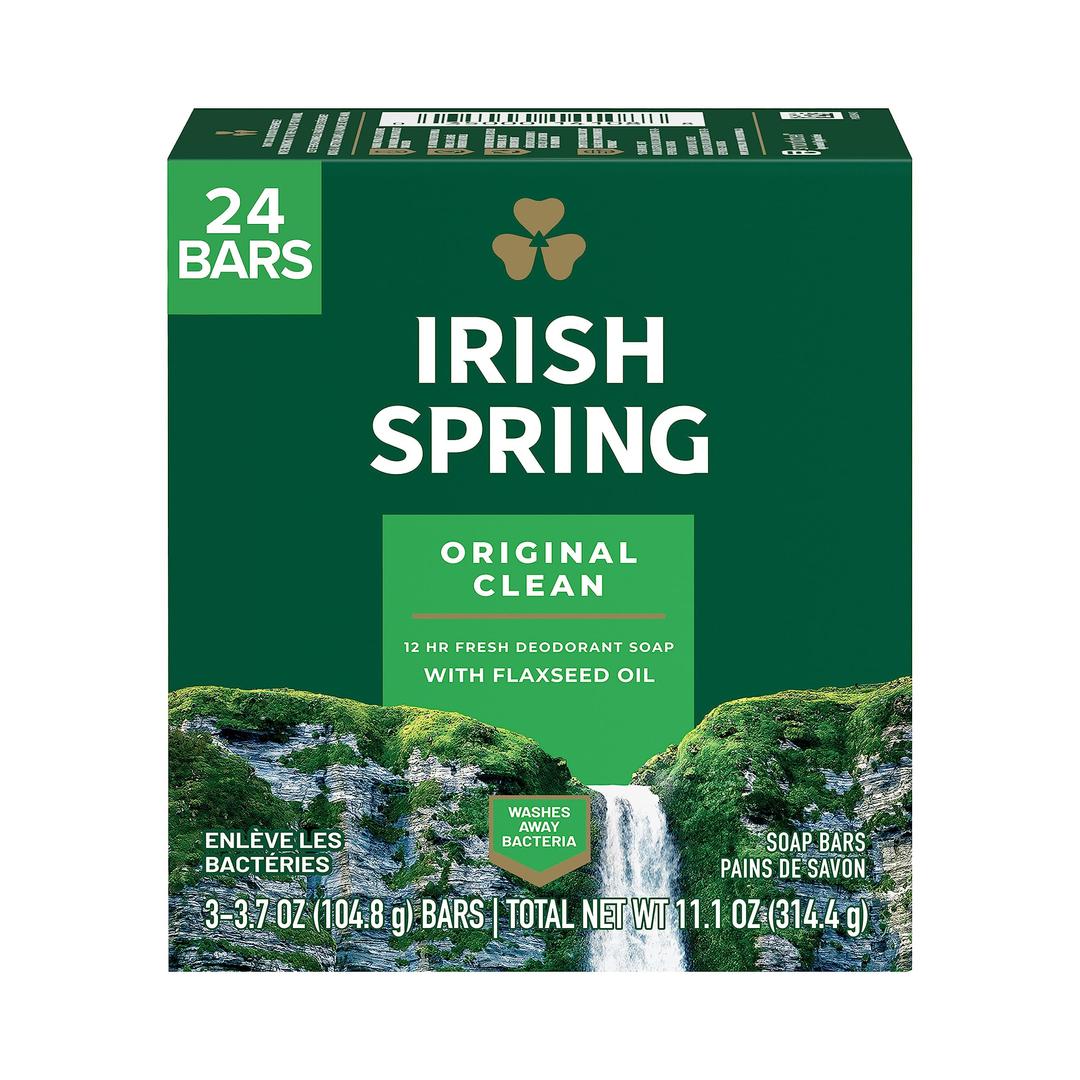 Irish SpringBar Soap for Men, Original Clean, Smell Fresh and Clean for 12 Hours, Men Soap Bars for Washing Hands and Body, Mild for Skin, Recyclable Carton, 3.7 Ounce - 3 Count (Pack of 8)