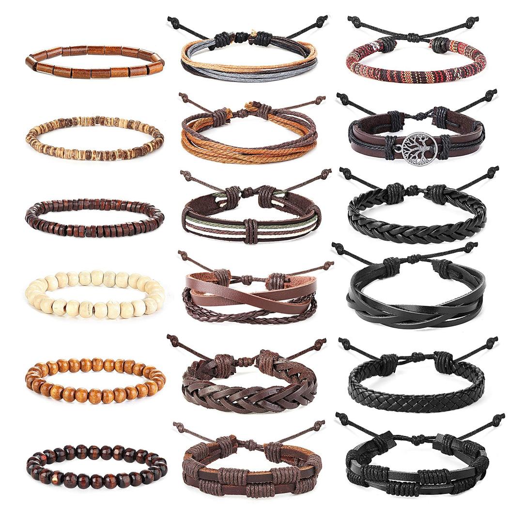 HANPABUM18pcs Braided Leather Bracelets for Men Women Woven Cuff Wrap Bracelet Wood Beads Ethnic Tribal Bracelets Adjustable