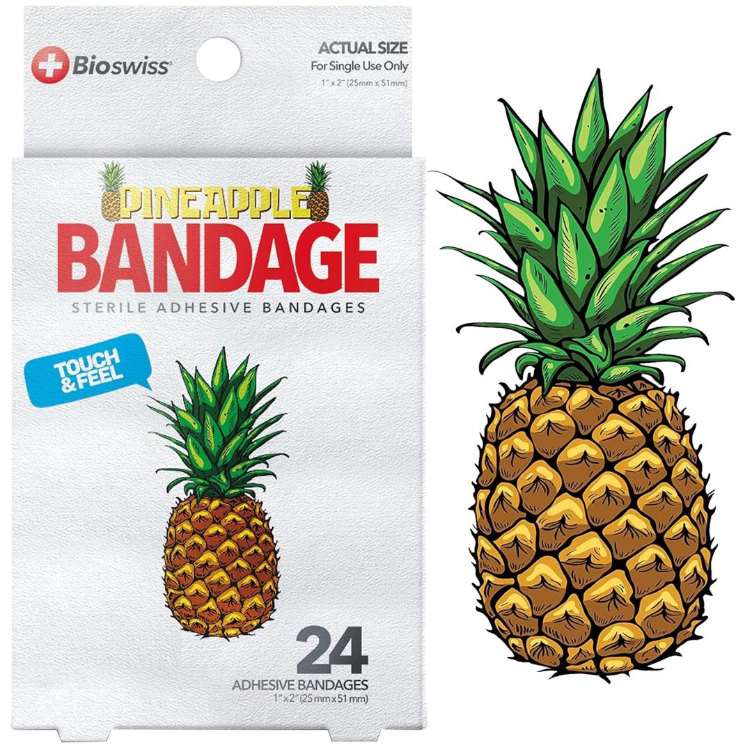 BioSwiss Bandages, Pineapple Shaped Self Adhesive Bandages, Latex Free Sterile Wound Care, Fun First Aid Kit Supplies for Kids, 24 Count