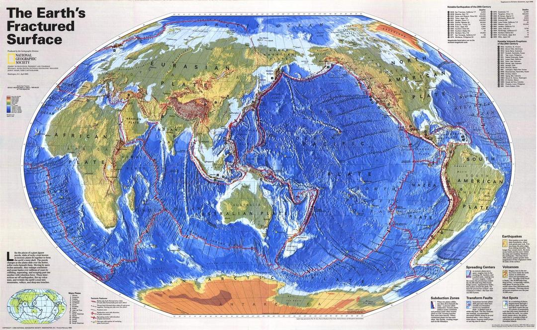 National Geographic: Earths Fractured Surface - World Tectonic Plates Wall Map - Pacific Centered - 36.25 x 22.25 inches - Laminated