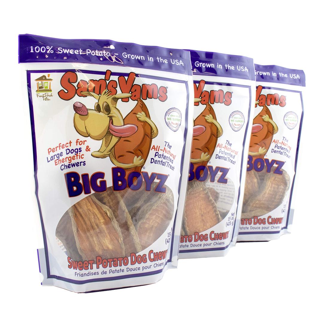 Sams Yams Sweet Potato Dog Treats, Healthy Dog Treats for Large Dogs - Sweet Potato Dog Treats Made in USA, High Fiber, Vegan Dental Chews - Big Boyz, Sweet Potato Dog Chewz, 15oz (Pack of 3)