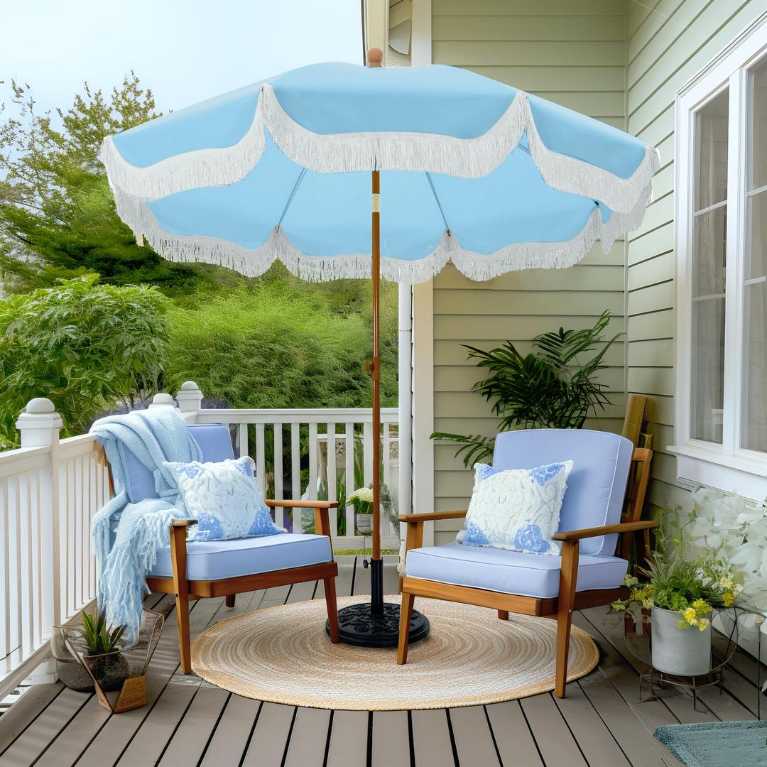 PHI VILLA 7ft Patio Umbrellas with Fringe, Outdoor Tilt Beach Umbrella Portable for Sand, UPF 50+ Canopy with 8 High Wind Proof Fiberglass Ribs and Carry Bag, Light Blue (No Base)