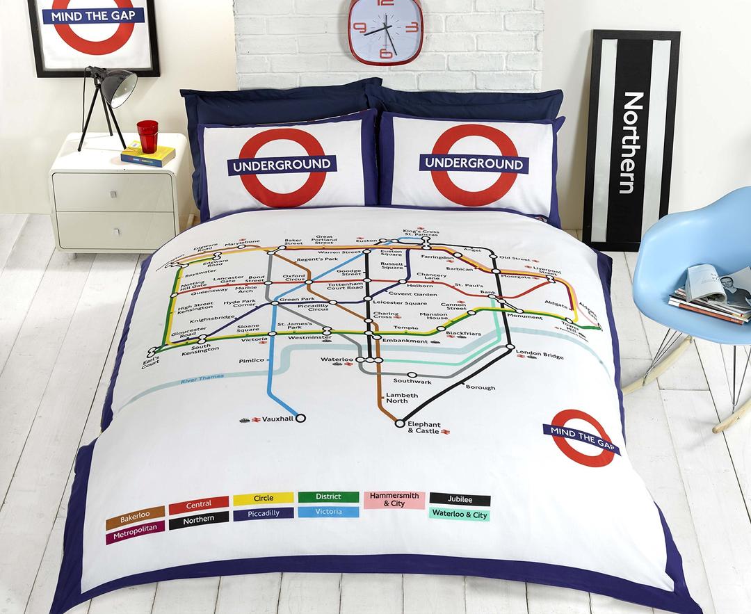 Rapport Home London Undgerground Tube Duvet Cover and Pillowcases Bedding Bed Set- Double, White