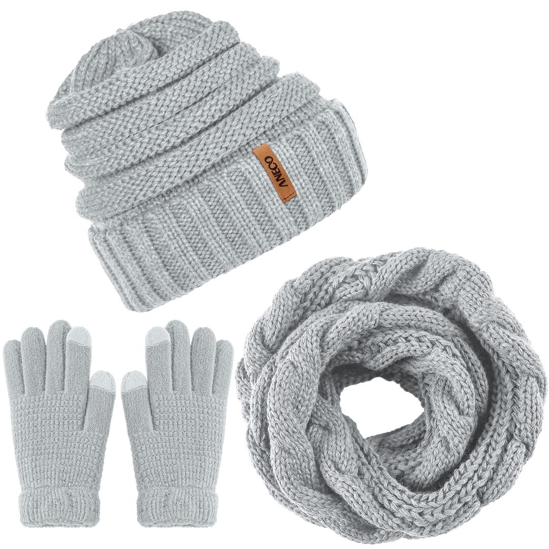 ANECOWinter Warm Knitted Scarf Beanie Hat and Gloves Set Men & Women's Soft Stretch Hat Scarf and Mitten Set