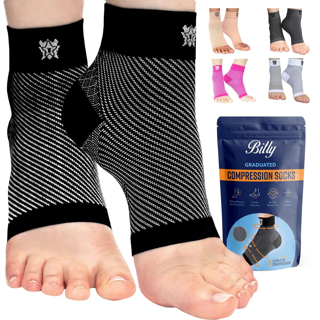 BitlyPlantar Fasciitis Compression Socks for Women & Men - Best Ankle Compression Sleeve, Nano Brace for Everyday Use - Provides Arch Support & Heel Pain Relief (Black, Medium)