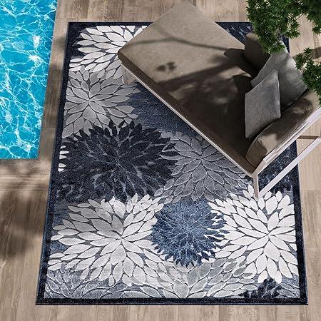 CAMILSON Indoor/Outdoor Rug, Navy Blue 5x7 Floral Exotic Tropical Area Rugs for Indoor and Outdoor patios, Easy-Cleaning Non-Shedding Living Room, Garden and Kitchen Washable Outside Carpet (5 x 7)