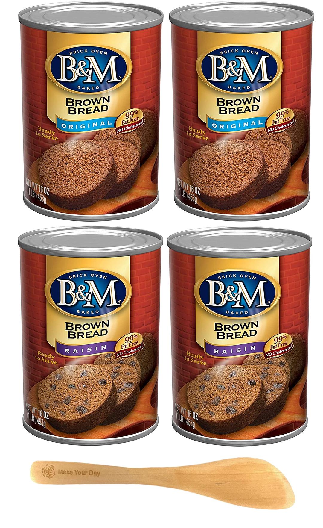 B&M Brown Bread, Raisin and Original, 16 Ounce (Pack of 4) - with Make Your Day Bamboo Spreader