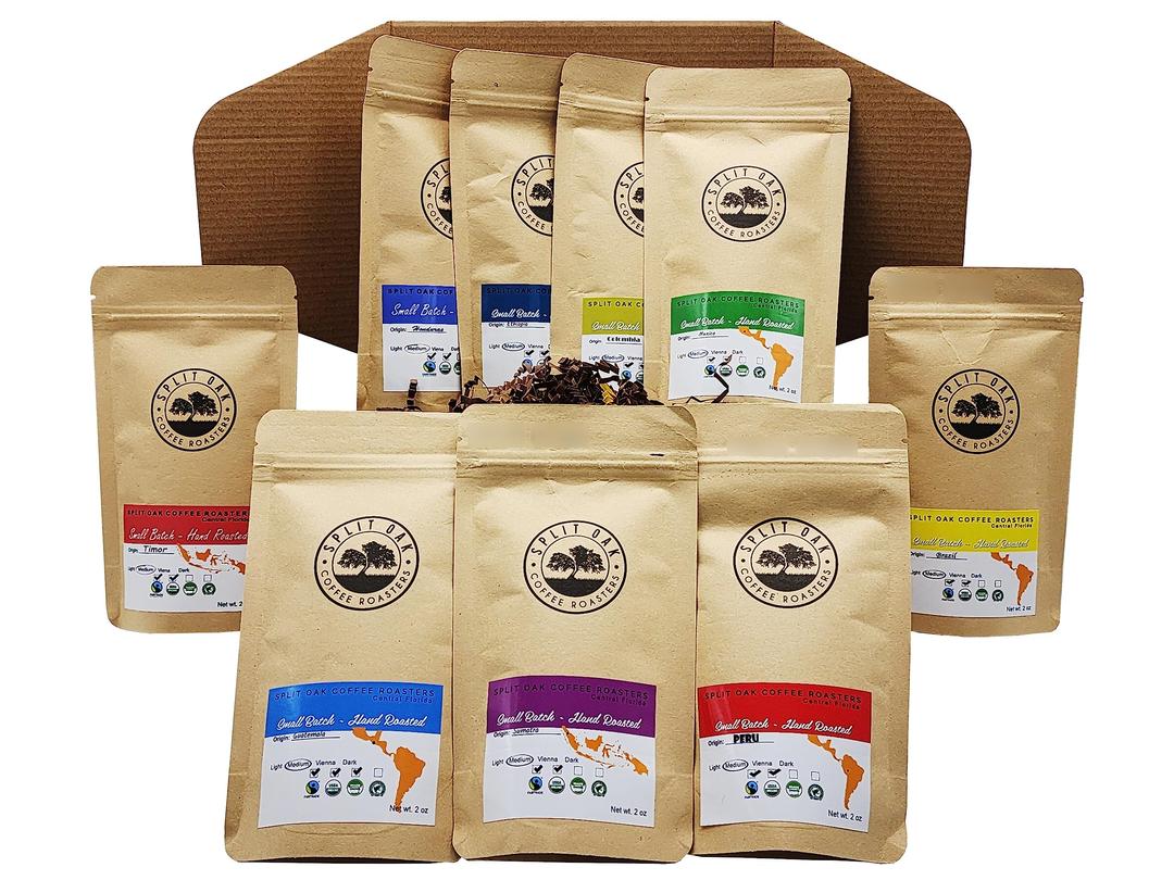 Best Coffee Gift Box Set 9 Assorted Coffees Sumatra Timor Colombia Ethiopia Honduras Mexico Guatemala Brazil Peru. (9 Pack Whole Beans Assorted Coffee 2oz)