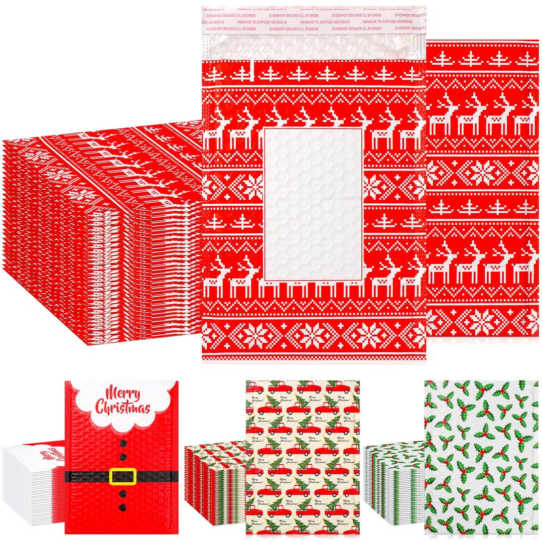 Cholemy 60 Pcs Christmas Bubble Mailers 7" x 9" Holiday Padded Envelopes with Writable Area Xmas Reindeer Holly Poly Bubble Padded Mailers Retailer Holiday Shipping Bags with Self Seal Strip