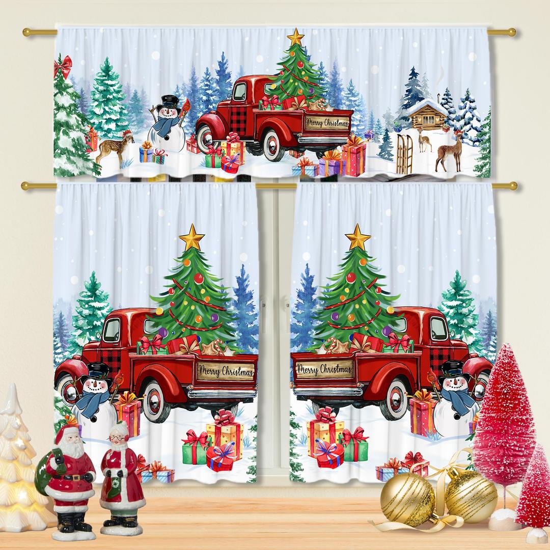 Christmas Kitchen Curtains, Christmas Decorations Valances for Windows, Curtains and Valances Set Christmas Decor Truck Snowmen for Cafe Living Room, Xmas Winter 27''x36'' 2 Panel & 54''x18'' Tier Set