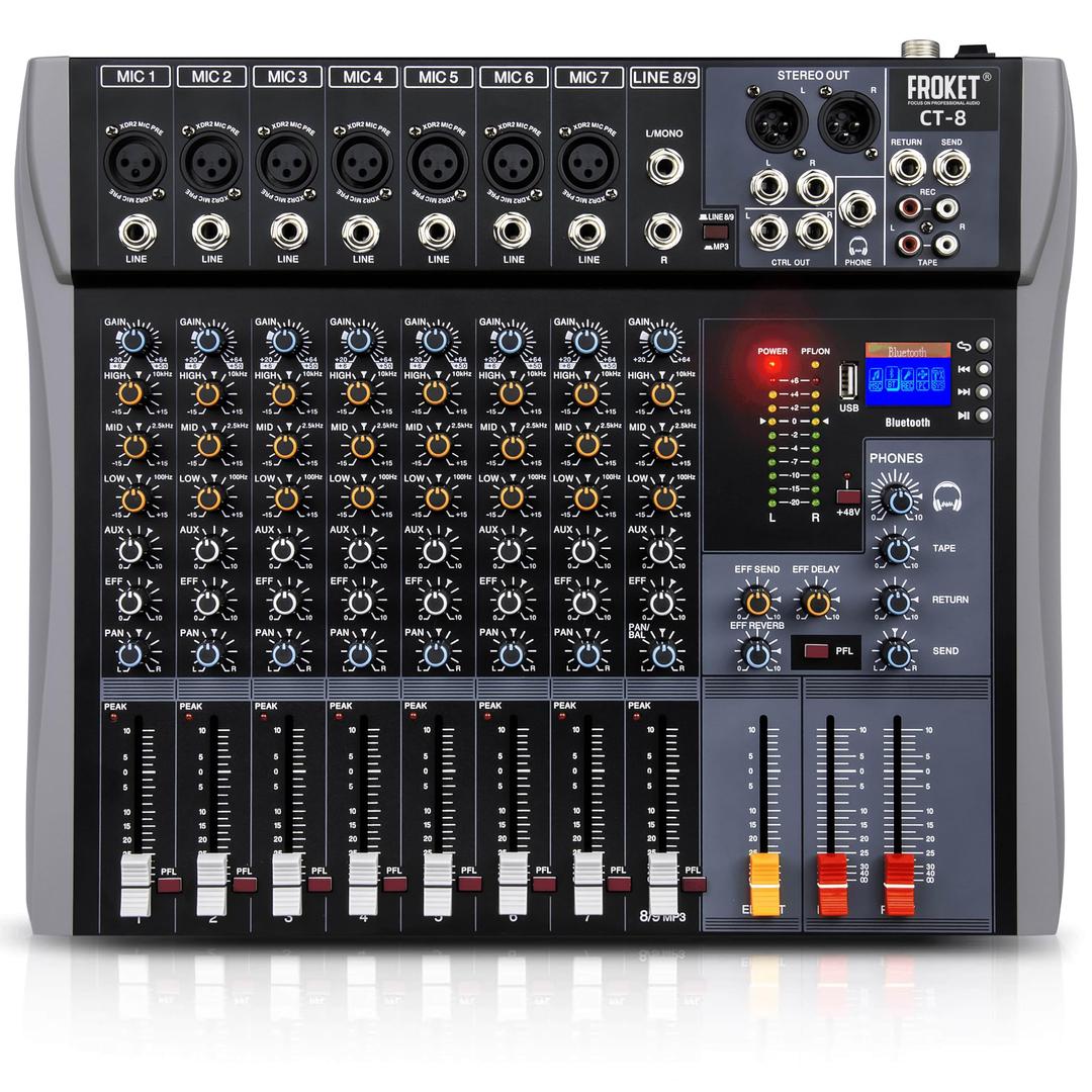 Forket Professional DJ Mixer 8 Channel Audio Mixer Sound Board with USB Port Bluetooth Input 48V Phantom Power Stereo Audio Interface Mixing Console Board for Streaming Karaoke Party Recording (CT-8)