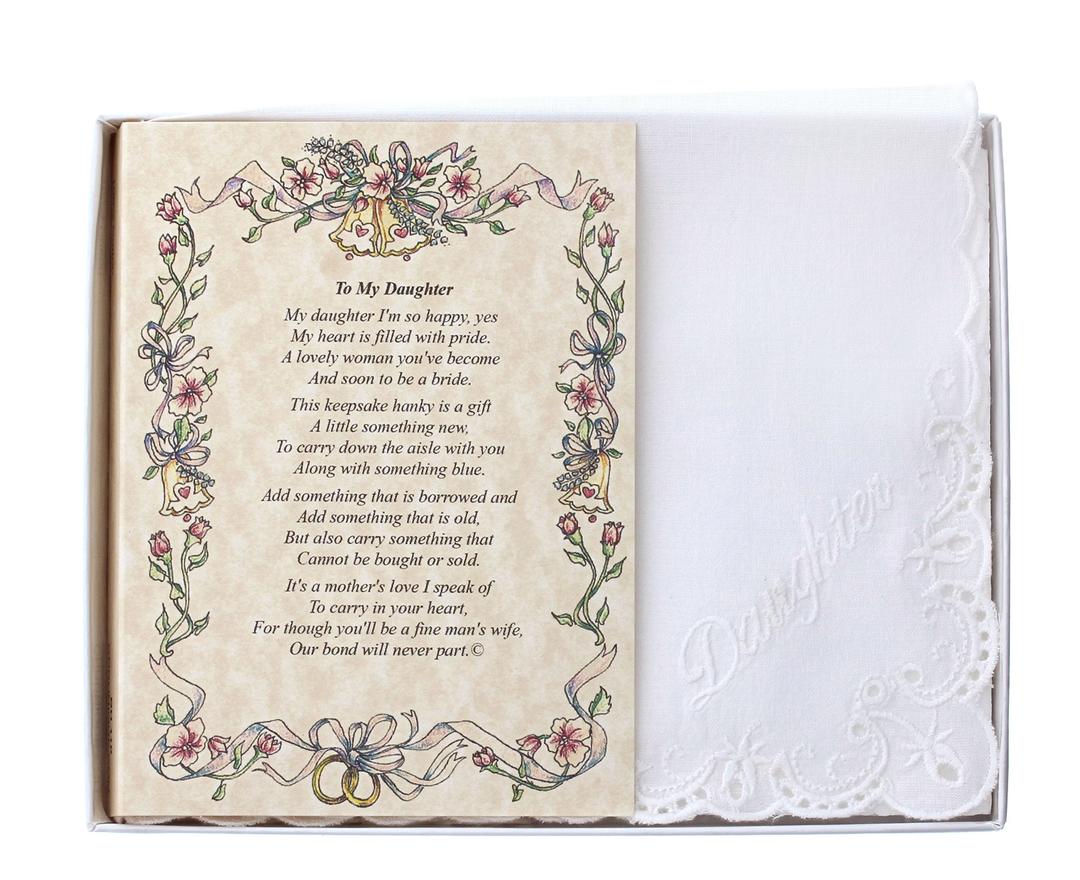 Wedding CollectiblesWedding Handkerchief Poetry Hankie (Mother to Daughter) White, Lace Embroidered Bridal Keepsake, Beautiful Poem | Long-Lasting Memento for The Bride | includes Gift Storage Box