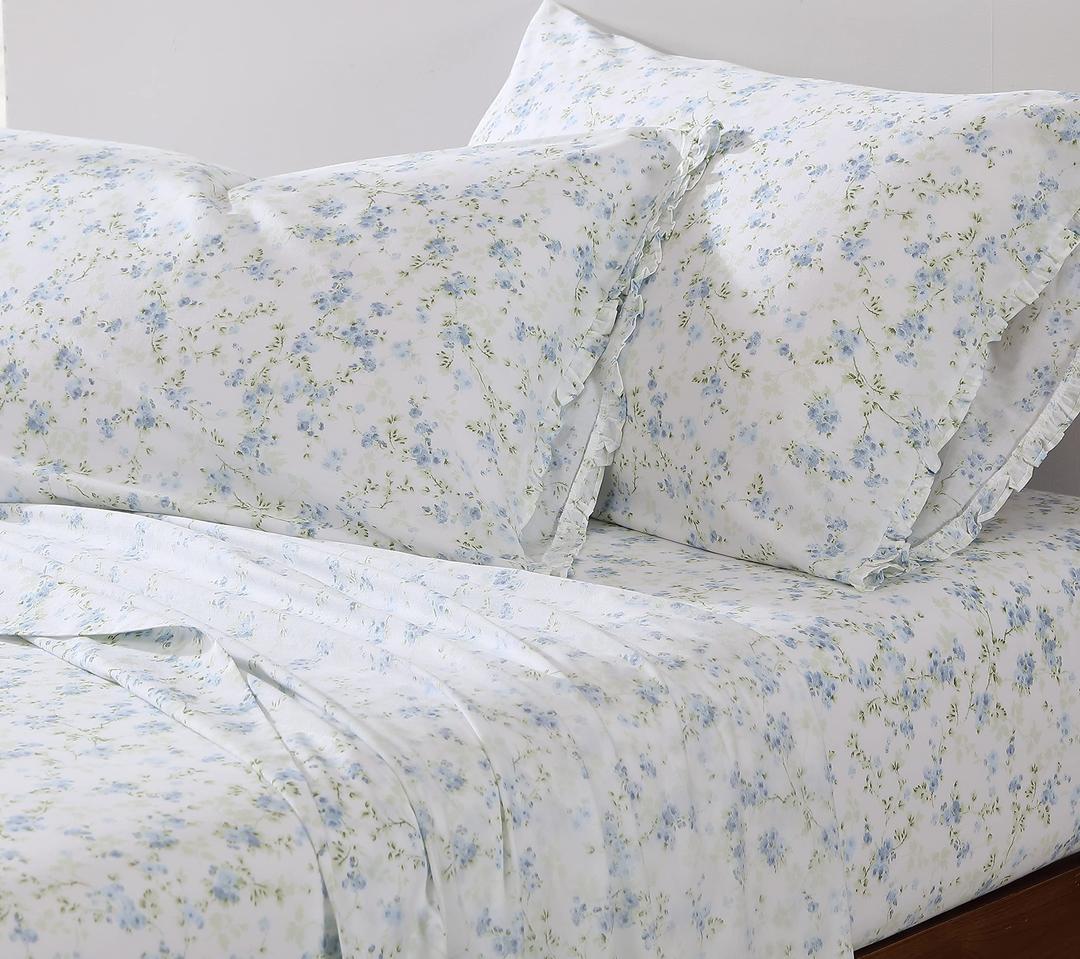 Shabby Chic® - King Sheets, Soft & Breathable Organic Cotton Bedding Set, Floral Home Decor with Ruffled Pillowcases (Ella Blue, King)