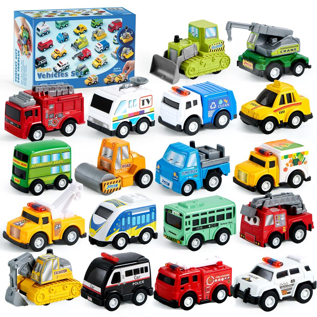 JOYIN 18 Pcs Pull Back City Cars and Trucks Toy Vehicles Set, Friction Powered Cars Toys for Toddlers, Boys, Girls’ Educational Play, Goodie Bags Stuffers