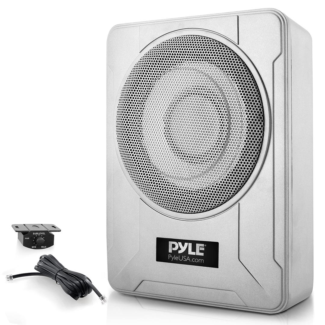 Pyle 8-Inch Low-Profile Amplified Subwoofer System - 600 Watt Compact Enclosed Active Marine Underseat Car Subwoofer with Built in Amp, Powered Car Subwoofer w/Low & High Level Inputs PLMRSBA8,Silver