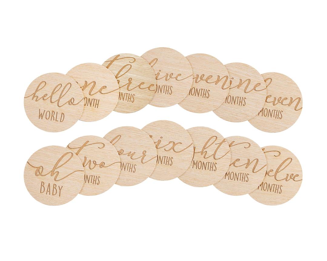 PearheadWooden Monthly Milestone Photo Cards - 7 Double-Sided Engraved Discs for Baby Announcement and Milestones, Holiday Baby Photos, Gender-Neutral Photo Props for Newborn Boy and Girl, Light Wood