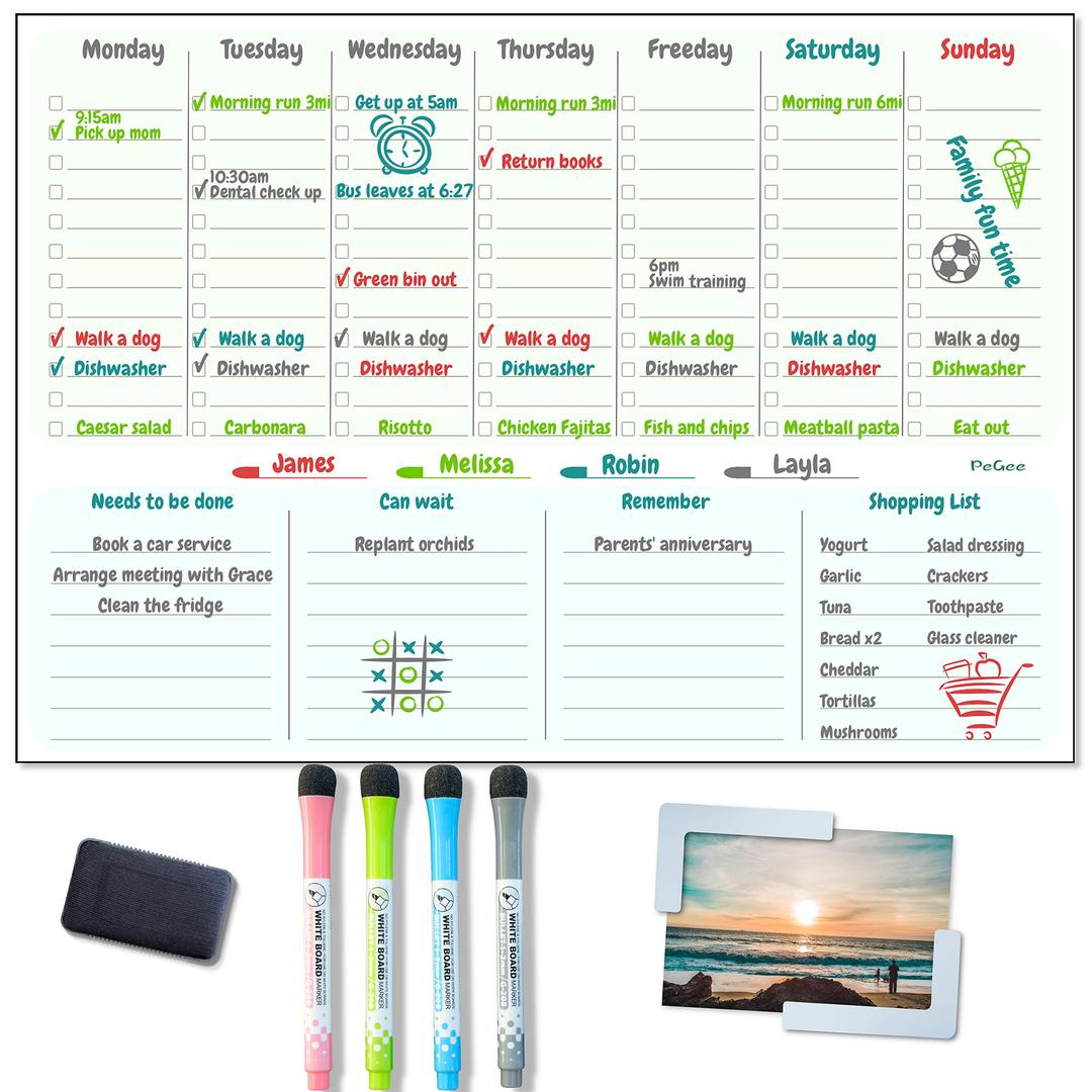 PeGee Large A3 Magnetic Weekly Planner Whiteboard for Fridge Useful as Family Organiser, Meal Planner, Memo Board, Daily Reminder, Shopping List (Bright, A3)