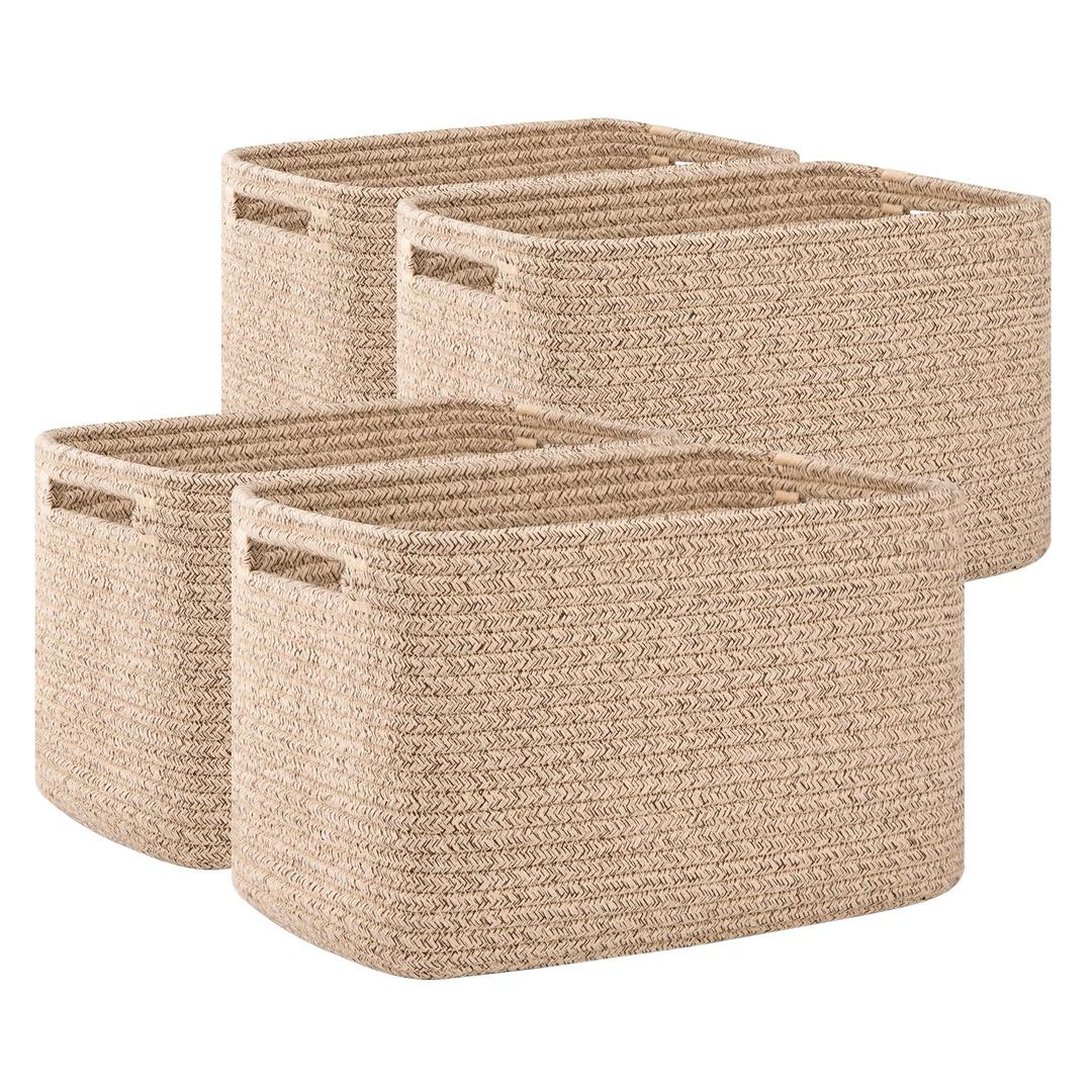 OIAHOMY 4 Pack Storage Baskets for Organizing, Cube Storage Bins for Shelves, Rectangle Storage Baskets With Handles, Woven Baskets for Storage, 12.7''Lx9''Wx7.8''H, Brown