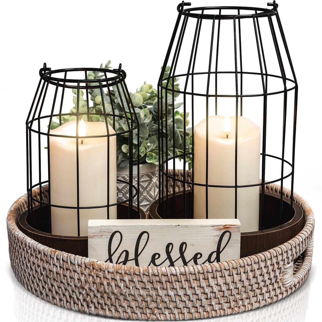 Rustic Farmhouse Lantern Decor Set of 2 - Stylish Decorative Lanterns for Your Living Room, Fireplace Mantle or Kitchen Dining Table - Modern Upscale Beauty for Your Entire Home