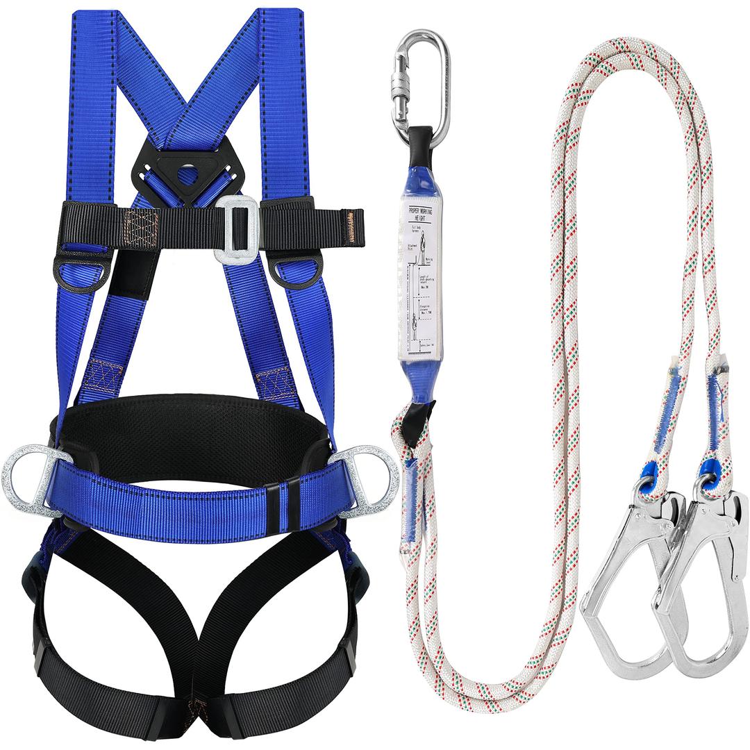 TT TRSMIMA Safety Harness Fall Protection Kit: Full Body Roofing harnesses with Shock Absorbing Lanyard - Updated Comfortable Waist Pad