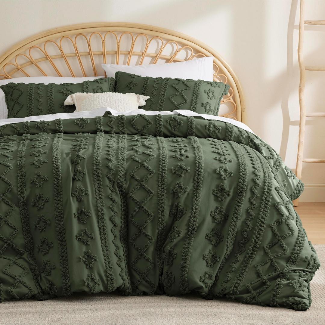 Bedsure Boho Duvet Cover Queen - Tufted Duvet Cover Queen Size for All Seasons, 3 Pieces Soft Shabby Chic Embroidery Boho Bedding Duvet Cover for Gifts (Olive Green, Queen, 90x90)