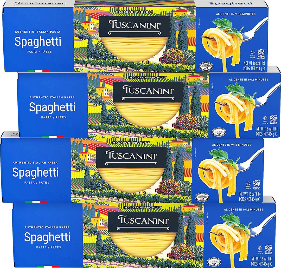 Tuscanini Authentic Italian Spaghetti Pasta Noodles, 16oz (4 Pack) Made with Premium Durum Wheat