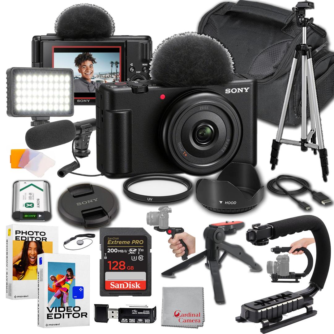 Sony ZV-1F Content Creator's Ultimate Kit: 128GB Extreme Memory, Mic, Video Light, Editing Software U-Grip, and Tripod Bundle (21pc)