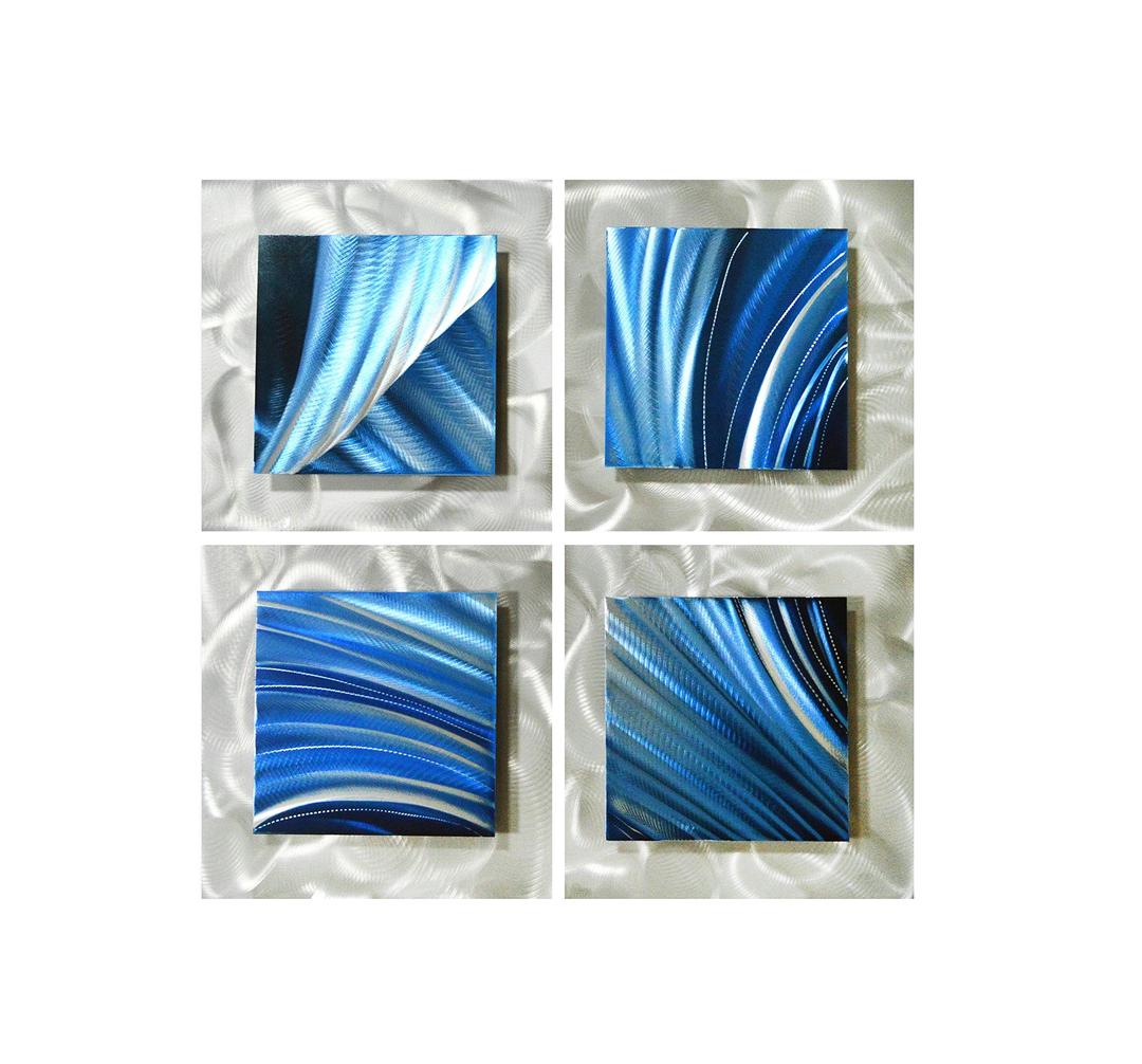 Pure Art Modern Metal Wall Art Decor - Movement in Squares Minimalist Hanging Sculpture of 25" x 25" - Handmade Blue Silver Abstract Artwork of 4 Panels Perfect for Livingroom