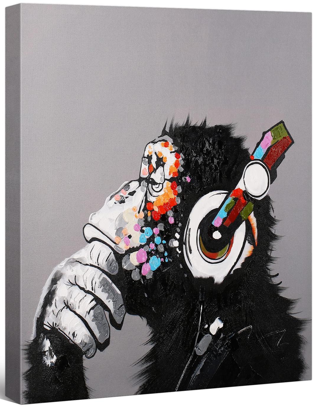 Modern Pop Art Decor - Framed - Thinking Monkey With Headphones Canvas Print Home Decor Wall Art, Gallery Wrap Inner Frame, 14x18