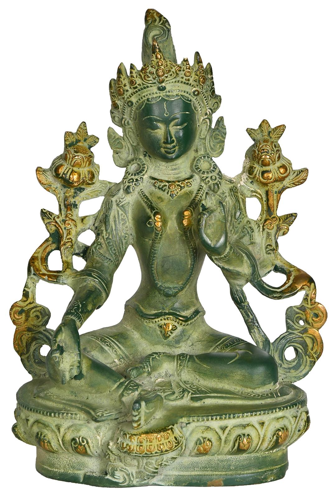 Goddess Green Tara in Green Color (Tibetan Buddhist Deity) - Brass Statue