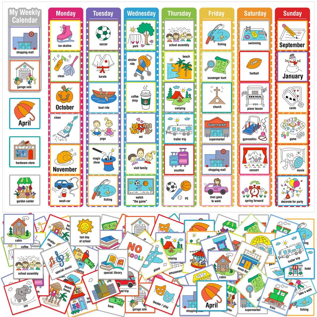 264 Pieces Visual Schedule Cards Daily Routine Cards Autism Home Chore Chart Toddler Communication Cards Wall Kids Planner with Week Schedule Card 299 Hook and Loop Dots for Home School