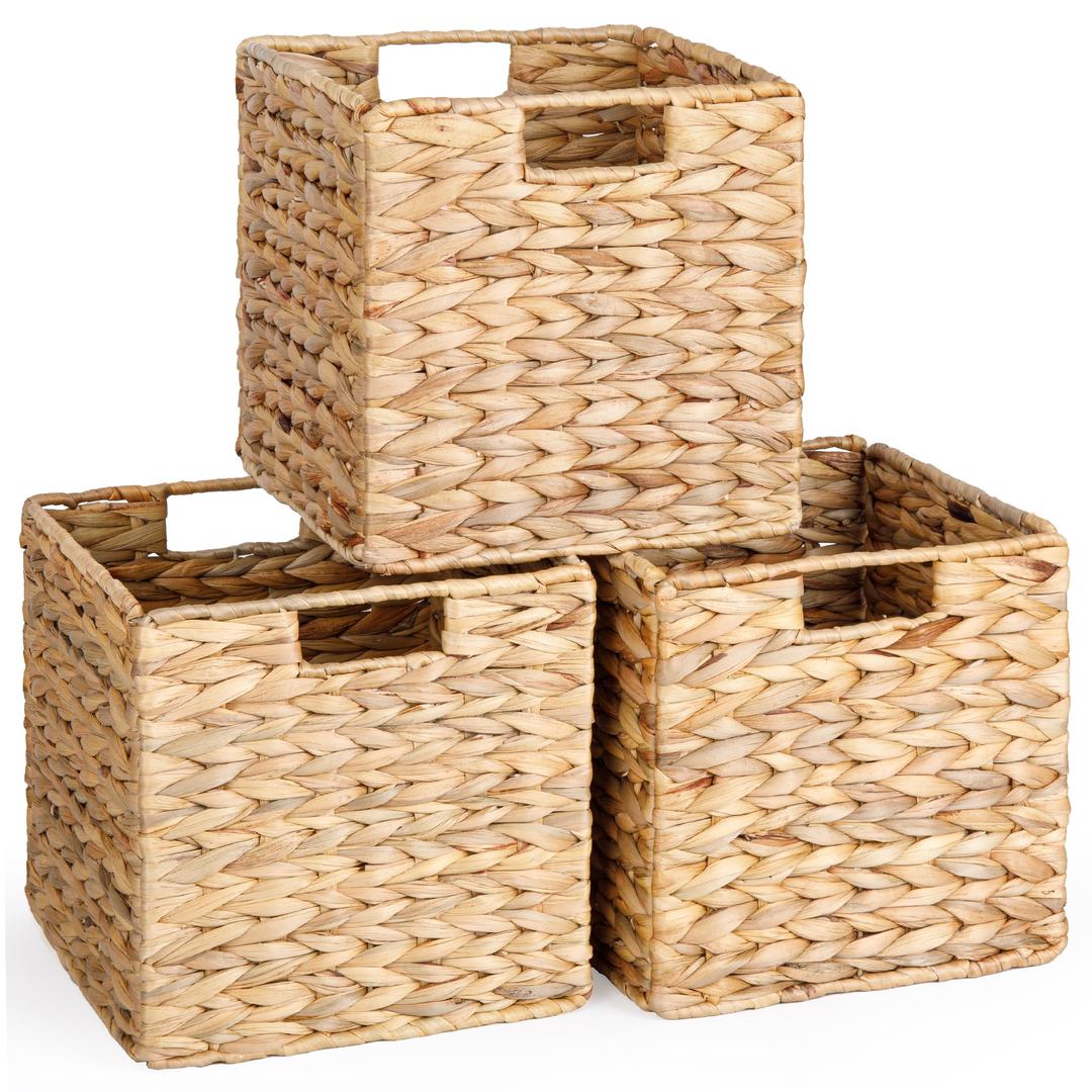 10.5x10.5 Water Hyacinth Storage Baskets, Wicker Baskets for Cube Storage, Collapsible Cube Storage Bins Wicker, Square Baskets for Cube Storage for Ikea Kallax, Basket Set of 3