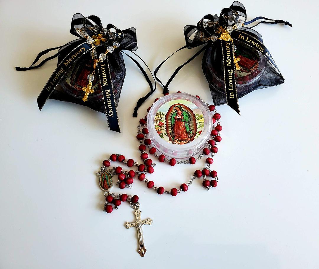 Dreams Gate incDreams Gate inc Rest in Peace, in Loving Memory Black Organza Bags with Red Our Virgin of Guadalupe Rosaries.Party Pack 12. Recuerdos para Funeral.(Customize with Name and Date)