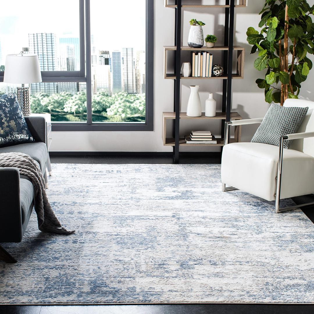 SAFAVIEH Amelia Collection Area Rug - 8' x 10', Ivory & Blue, Modern Abstract Design, Non-Shedding & Easy Care, Ideal for High Traffic Areas in Living Room, Bedroom (ALA700A)