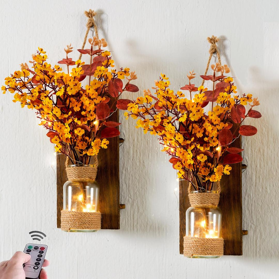 Anna's Whimsy 2PACK Fall Decor Mason Jar Sconce Wall Decor Rustic with Remote Control LED Fairy Lights - Artificial Fall Flowers Fall Decorations for Home Bedroom Farmhouse(Lysimachia Christinae)