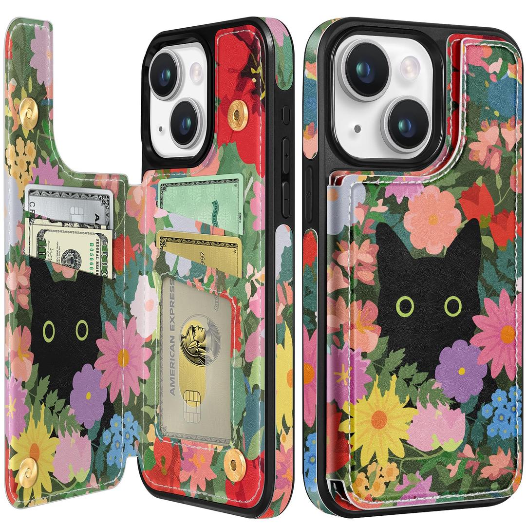 Shorogyt for iPhone 13 Wallet Case with Card Holder, Designer Floral Cat Pattern Kickstand Magnetic Clasp Back Flip Folio Leather Phone Cases for iPhone 13 for Women Men Girls