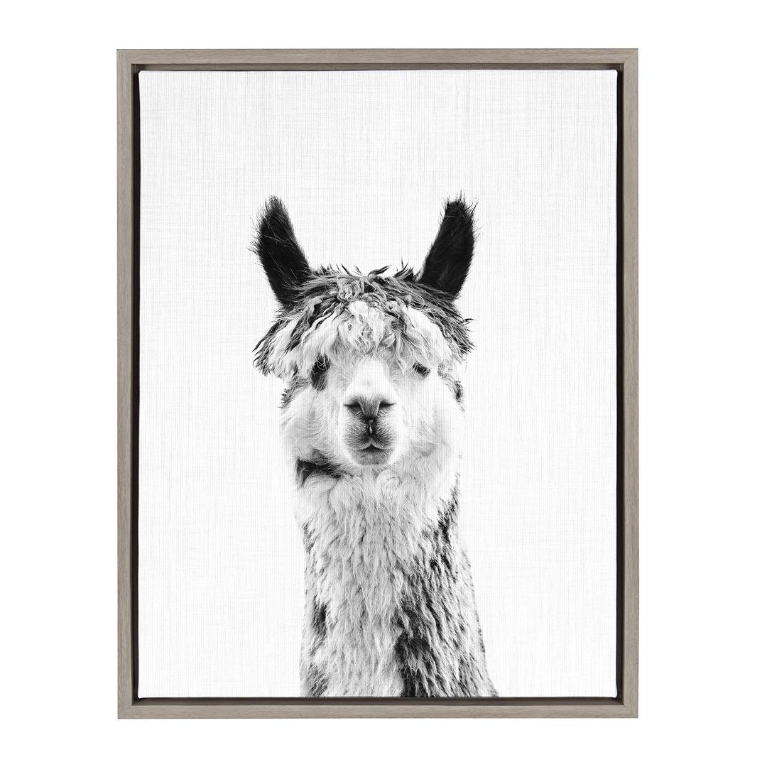 Kate and Laurel Sylvie Llama Black and White Portrait Framed Canvas Wall Art by Simon Te Tai, 18x24 Gray