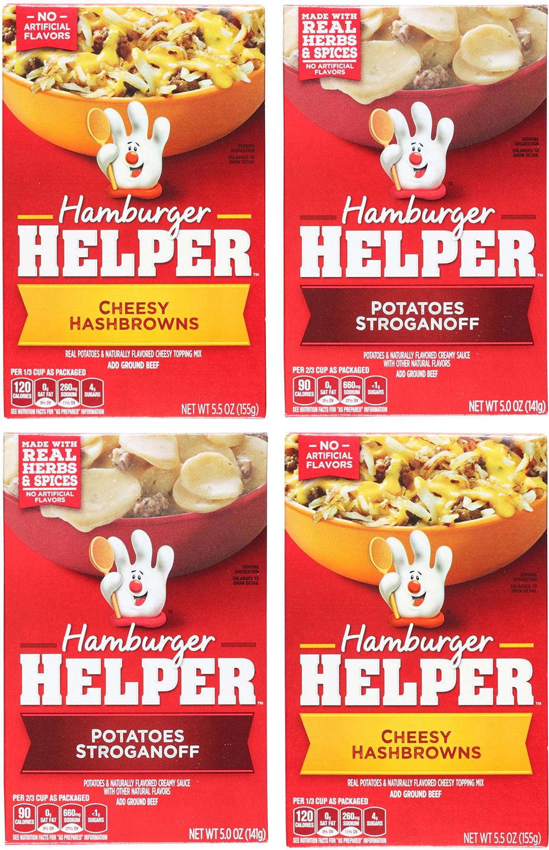 Hamburger HelperVariety Bundle: (2) Cheesy Hashbrowns 5.5oz and (2) Potatoes Stroganoff 5.0oz (4 Pack Total)