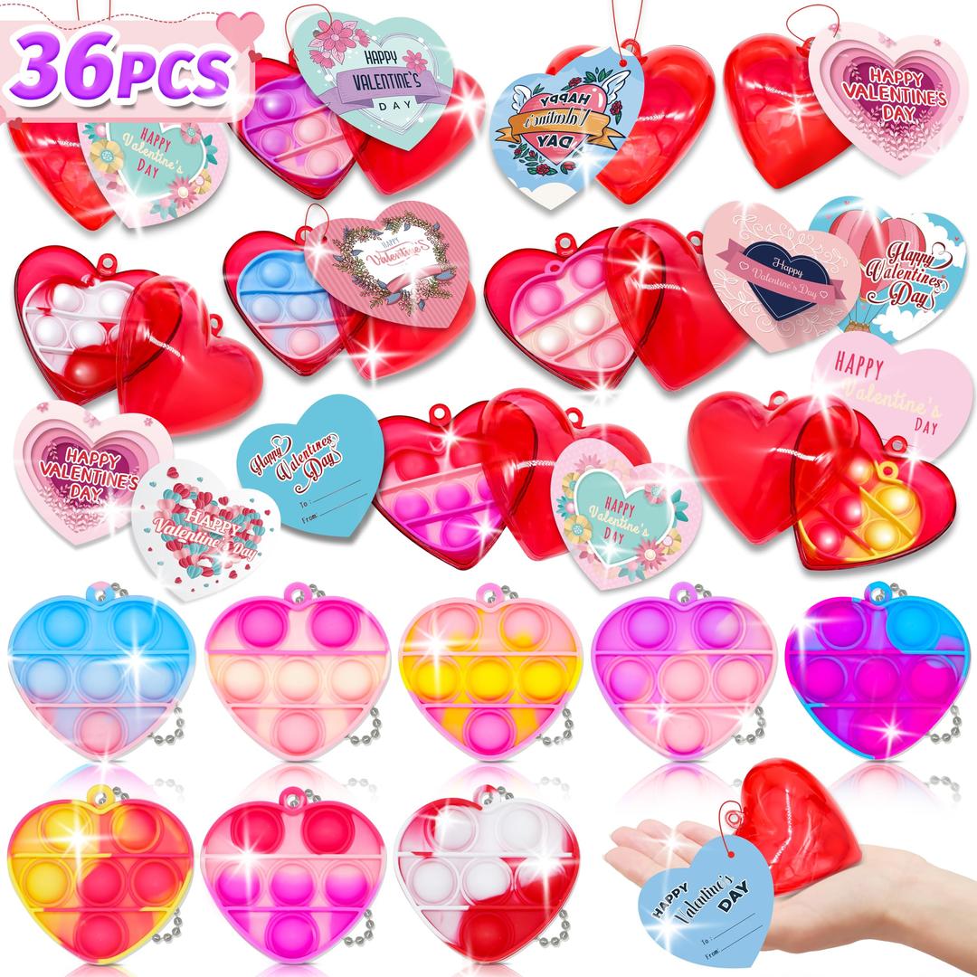 Valentines Day Gifts for Kids-36 Valentines Cards with 36 Heart Pop Fidget Toys Bulk,Valentine's Day Toys,Valentine Exchange Gift for Classroom,School Party Favors for Kids,Valentine's Day Prizes